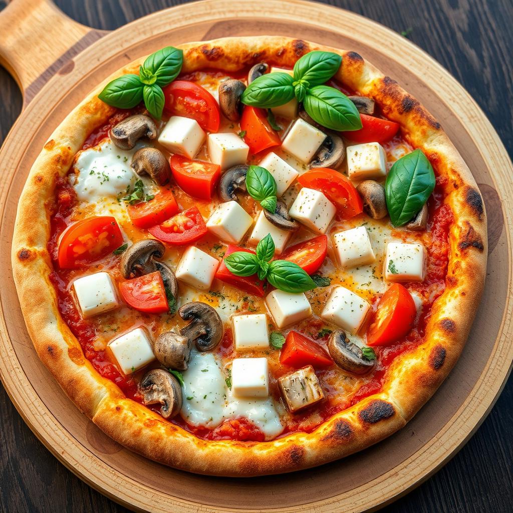 A vibrant vegetarian pizza adorned with juicy tomatoes, tender mushrooms, and generous cubes of soft paneer, complemented by capsicum blended into gooey mozzarella cheese, creating a luscious creamy topping