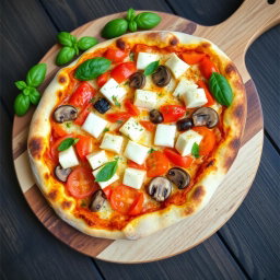 A vibrant vegetarian pizza adorned with juicy tomatoes, tender mushrooms, and generous cubes of soft paneer, complemented by capsicum blended into gooey mozzarella cheese, creating a luscious creamy topping