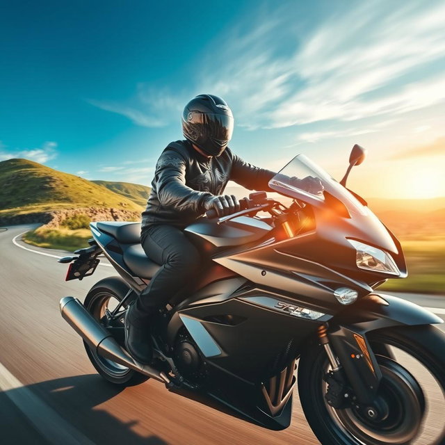 A skilled rider on a motorcycle, showcasing a dynamic action shot as they speed down a winding road