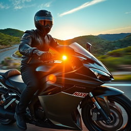 A skilled rider on a motorcycle, showcasing a dynamic action shot as they speed down a winding road