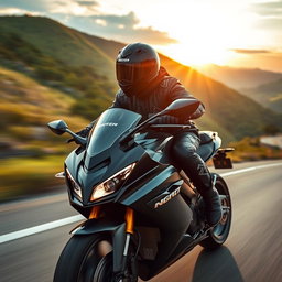 A skilled rider on a motorcycle, showcasing a dynamic action shot as they speed down a winding road
