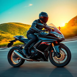 A skilled rider on a motorcycle, showcasing a dynamic action shot as they speed down a winding road