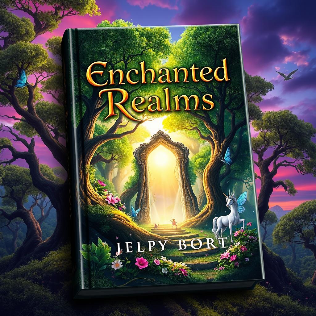 A captivating book cover design featuring an ancient, mystical forest with vibrant green trees and sparkling sunlight filtering through the leaves