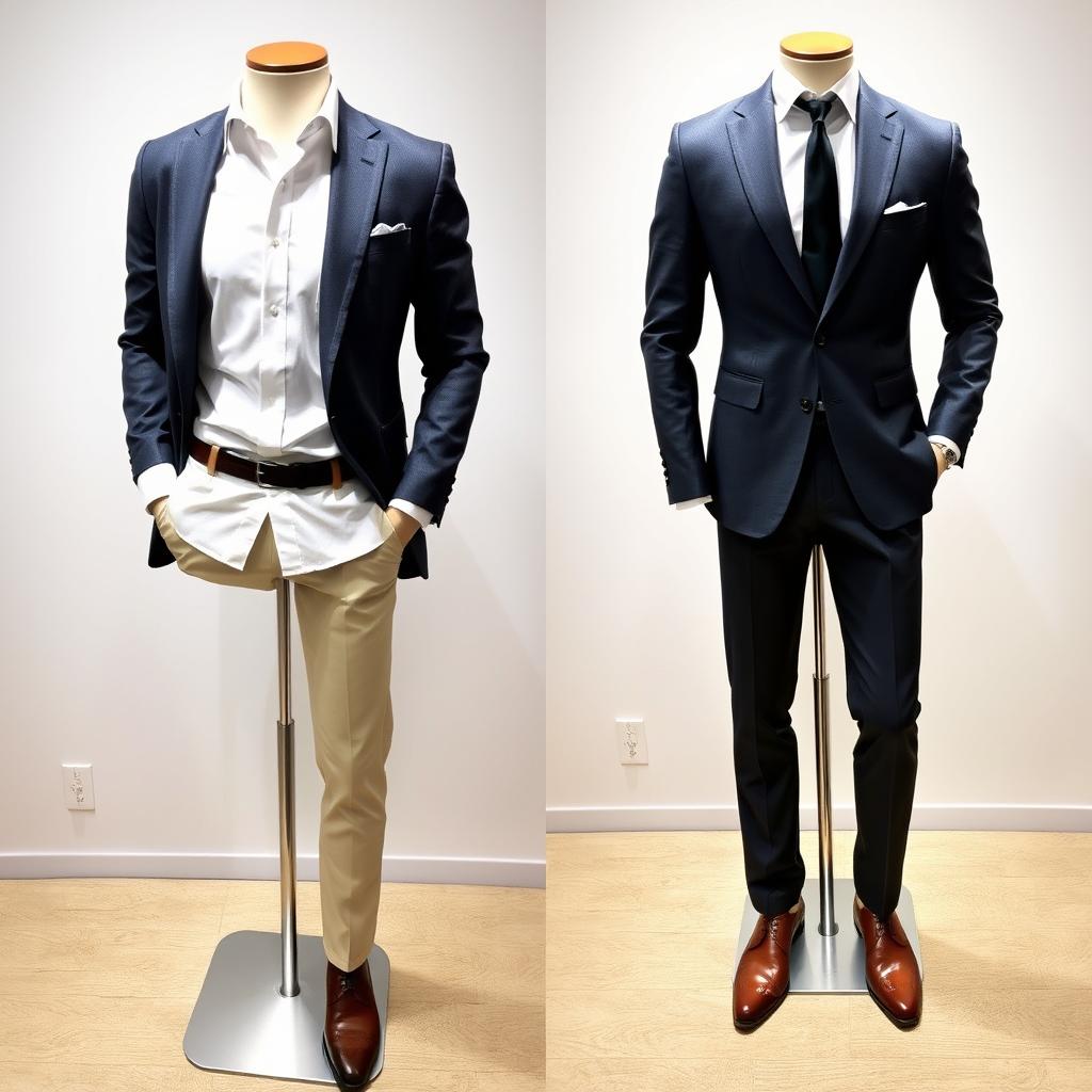 A stylish transformation of a casual shirt into formal attire, showcasing the shirt integrated with a tailored blazer, crisp dress pants, and polished leather shoes