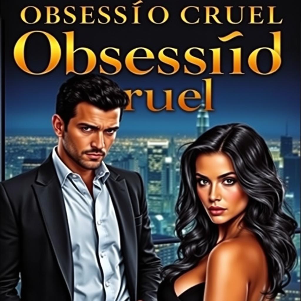 A romantic book cover titled 'Obsessão Cruel', featuring a powerful mafia boss standing confidently in a luxurious penthouse office