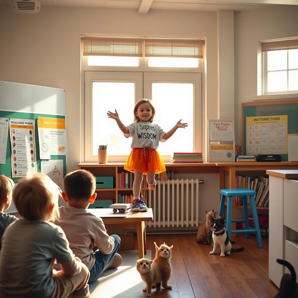 A cheerful classroom scene featuring a young girl standing confidently on a small platform, wearing an orange skirt and a shirt that says 'SIMPLE WISDOM'