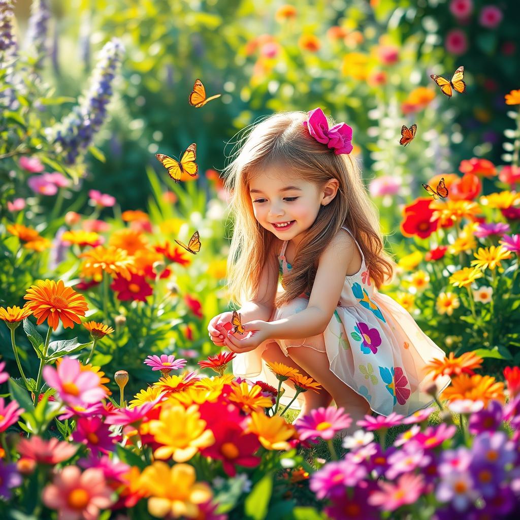 A whimsical scene of a young girl happily playing with vibrant flowers in a sunny garden