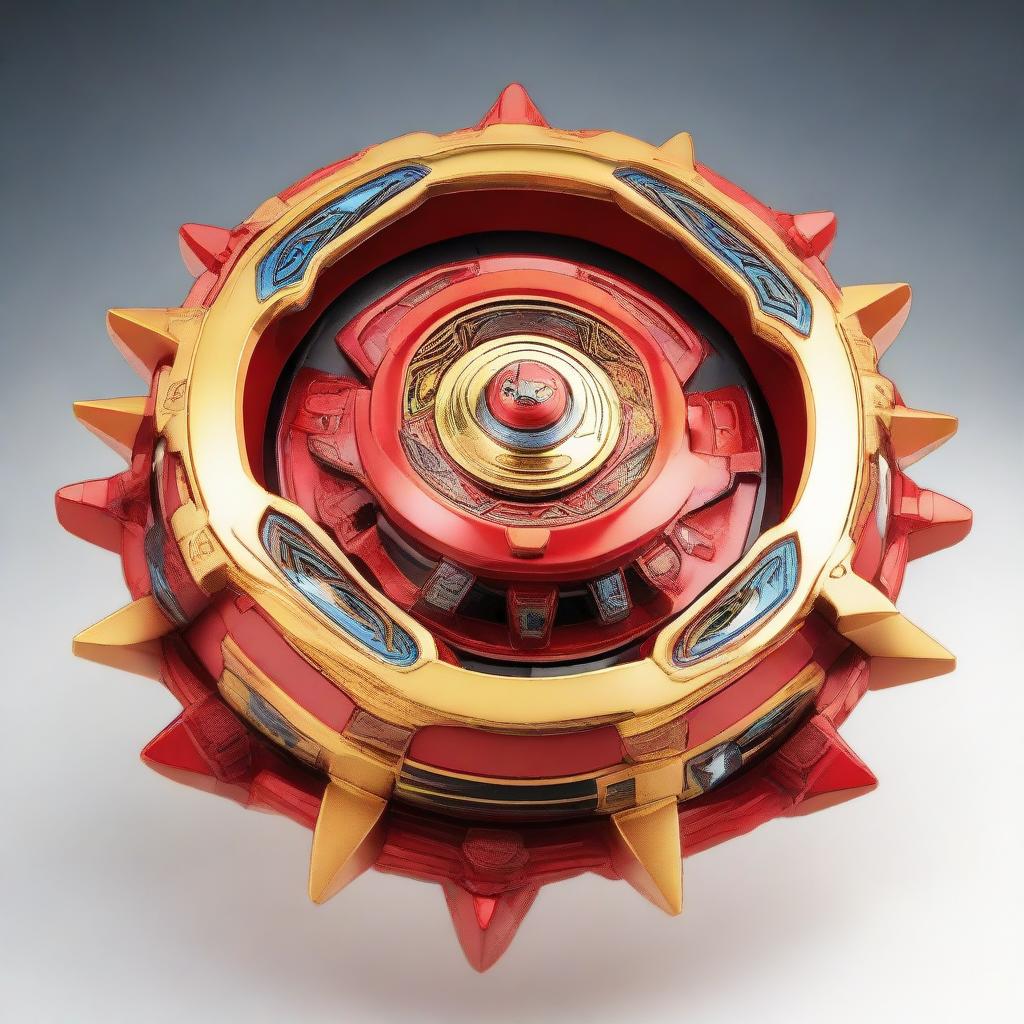 Ryuga's unique Beyblade, L-Drago, spinning fiercely. The intricately-designed top glows with vibrant shades of red and gold, suggesting an intense magical power. The background is an energetic, action-packed Beyblade stadium.