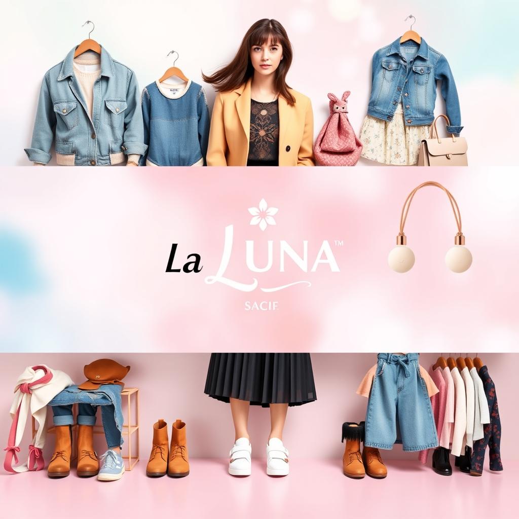 A stunning Facebook cover photo for 'La LUNA', a women's and children's clothing store, featuring a stylish logo centered in an enchanting design