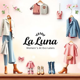 A stunning Facebook cover photo for 'La LUNA', a women's and children's clothing store, featuring a stylish logo centered in an enchanting design