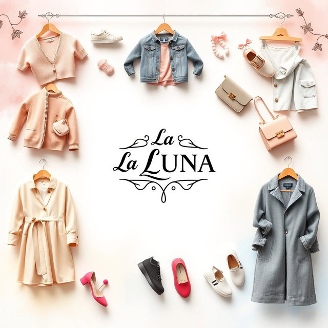 A stunning Facebook cover photo for 'La LUNA', a women's and children's clothing store, featuring a stylish logo centered in an enchanting design
