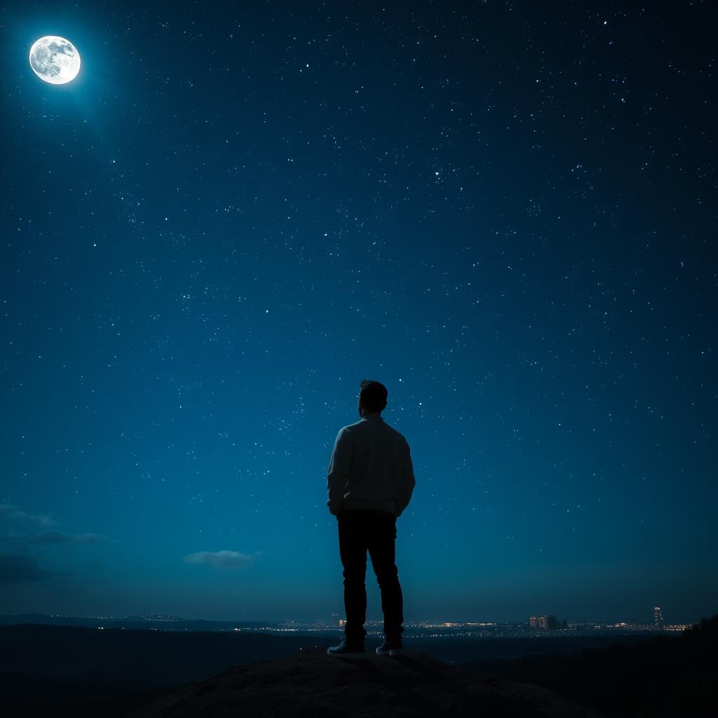 A solitary figure standing atop a hill, gazing up at a stunning night sky filled with countless twinkling stars