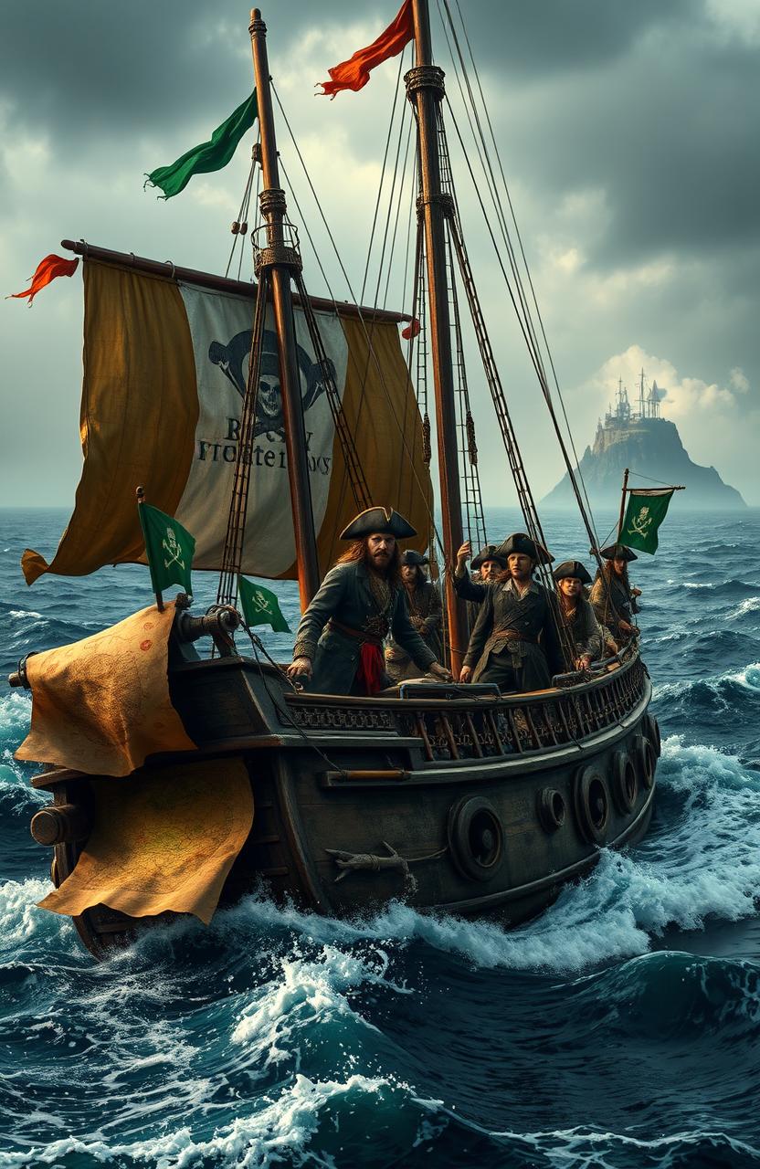 An epic scene depicting an Irish pirate ship sailing through turbulent seas, adorned with tattered flags and a crew of rugged, weather-beaten pirates in traditional attire, featuring tricorn hats and long coats