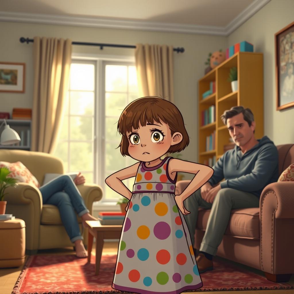 A scene depicting a young girl, approximately 6 years old, with short brown hair and wearing a colorful dress