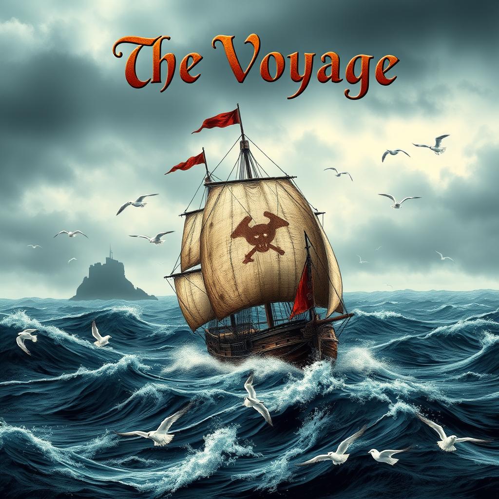 A captivating book cover design for a pirate-themed novel titled "The Voyage"