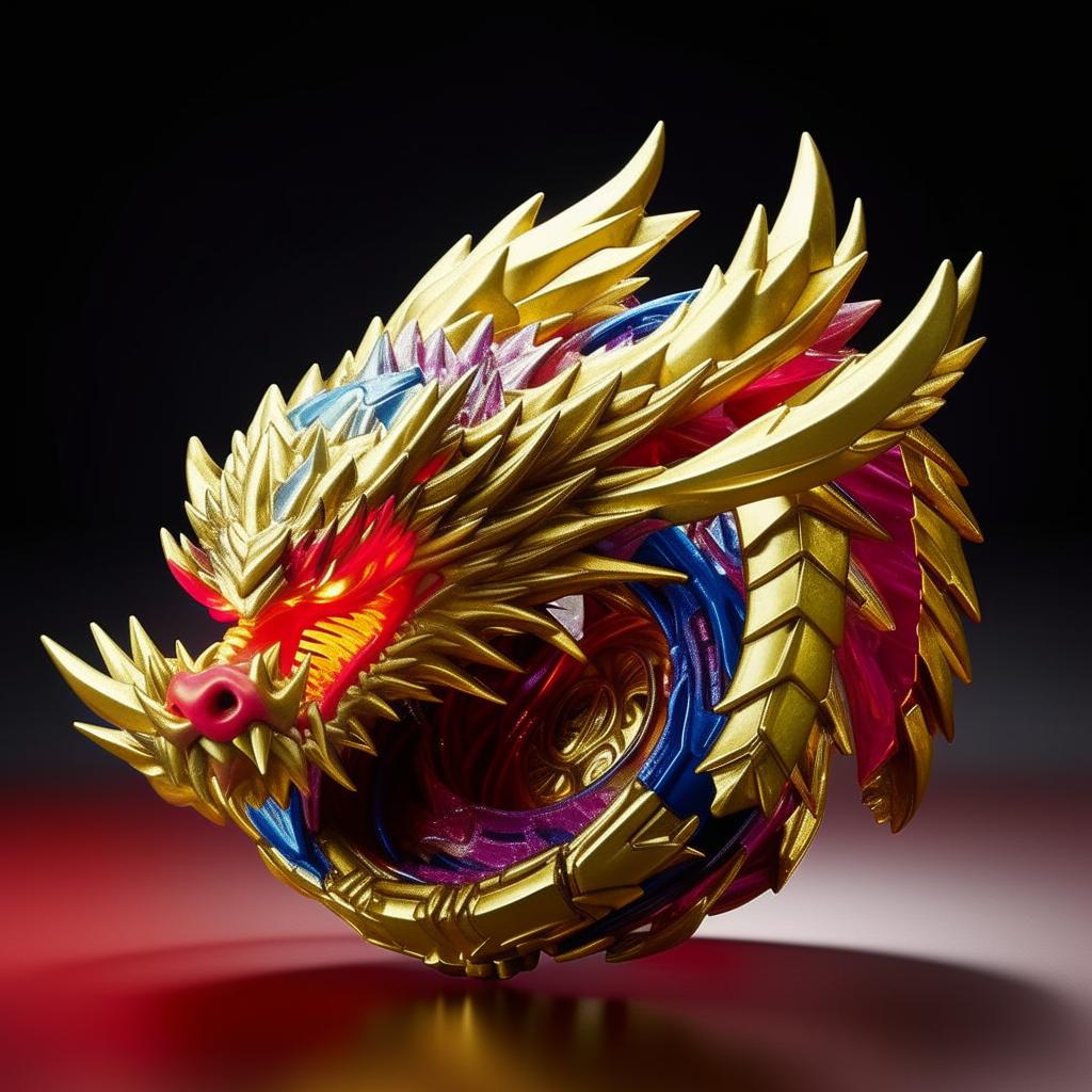 The L-Drago Beyblade, known for its aggressive left-spin and dragon motif, spectacularly spinning in a bright, futuristic Beyblade arena. The Beyblade emits a vibrant aura of red and gold, symbolizing its dominant energy.