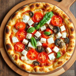 A mouth-watering vegetarian pizza topped with juicy tomatoes, tender mushrooms, and succulent paneer cubes, enhanced by capsicum that has been blended into creamy mozzarella cheese for a luscious texture