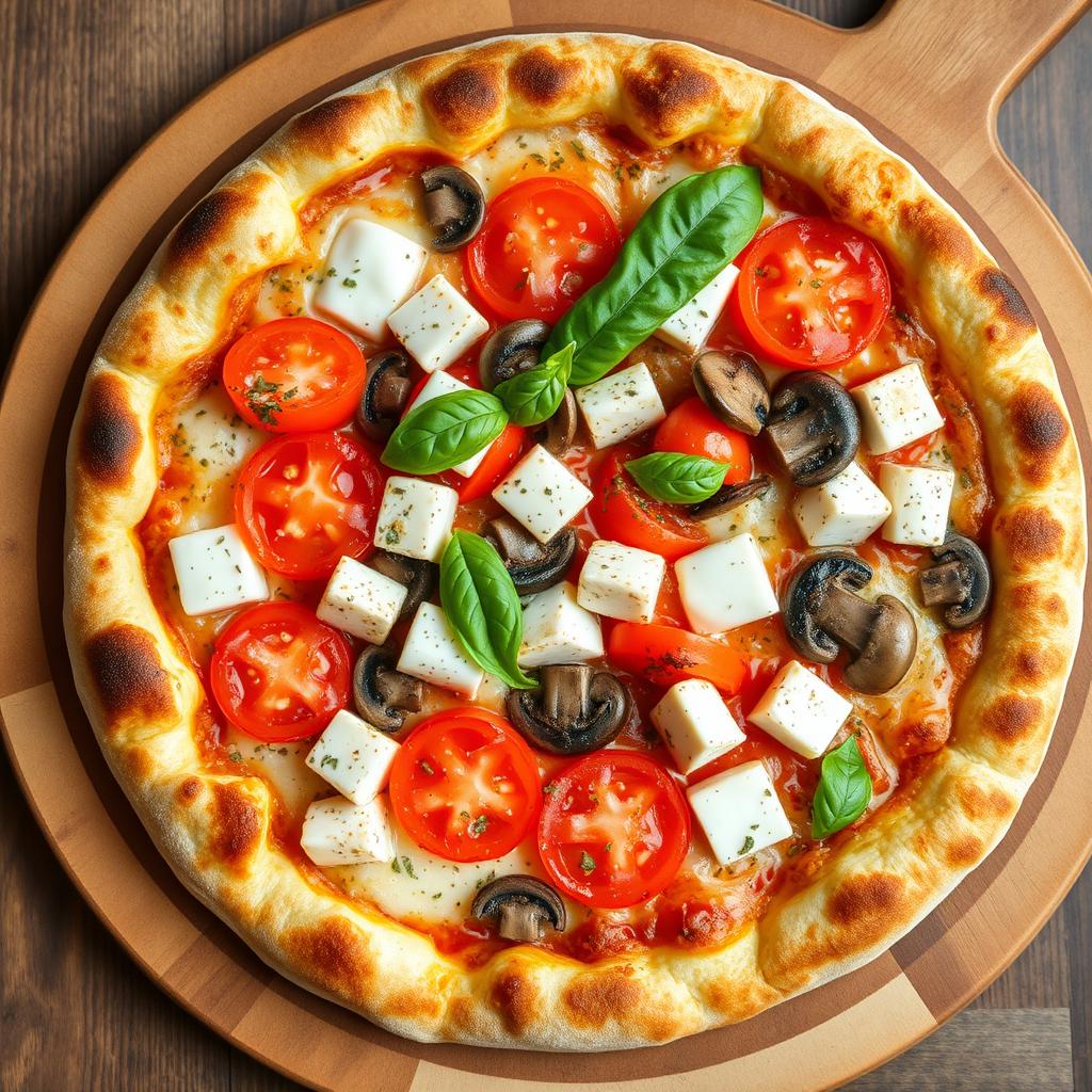 A mouth-watering vegetarian pizza topped with juicy tomatoes, tender mushrooms, and succulent paneer cubes, enhanced by capsicum that has been blended into creamy mozzarella cheese for a luscious texture