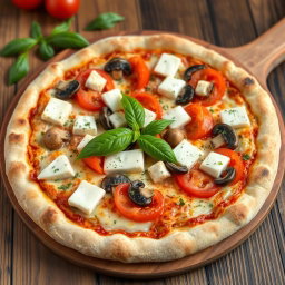 A mouth-watering vegetarian pizza topped with juicy tomatoes, tender mushrooms, and succulent paneer cubes, enhanced by capsicum that has been blended into creamy mozzarella cheese for a luscious texture