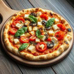 A mouth-watering vegetarian pizza topped with juicy tomatoes, tender mushrooms, and succulent paneer cubes, enhanced by capsicum that has been blended into creamy mozzarella cheese for a luscious texture