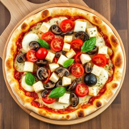 A mouth-watering vegetarian pizza topped with juicy tomatoes, tender mushrooms, and succulent paneer cubes, enhanced by capsicum that has been blended into creamy mozzarella cheese for a luscious texture
