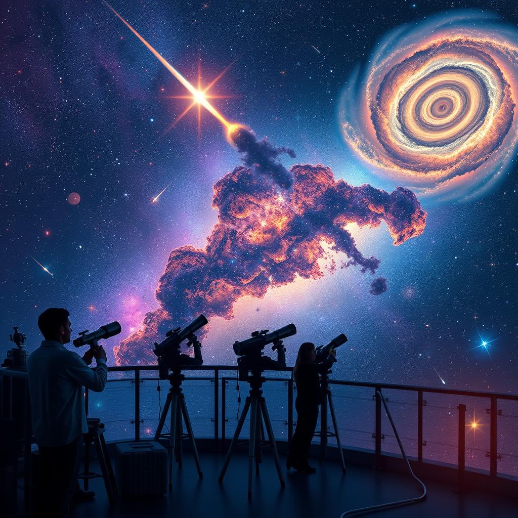 Astronomers exploring distant galaxies and celestial phenomena, set against a stunning cosmic backdrop filled with colorful nebulae, twinkling stars, and spiral galaxies