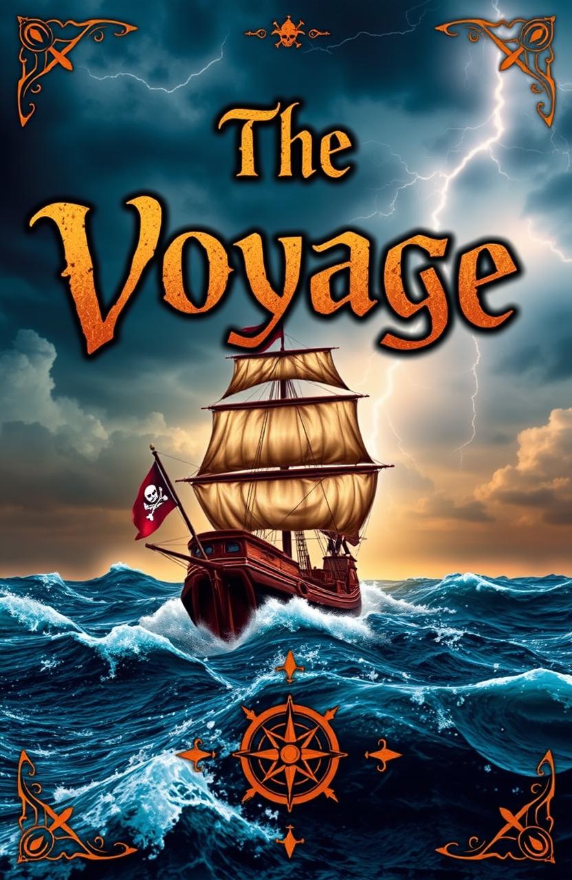 A captivating pirate-themed book cover featuring a dramatic seascape with a majestic wooden ship sailing through tumultuous waves under a stormy sky