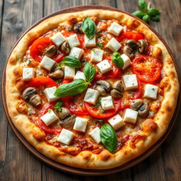 A delectable vegetarian pizza showcasing juicy tomatoes, crunchy capsicum, tender mushrooms, and soft paneer cubes, all blended together with creamy mozzarella cheese to create a rich and velvety topping