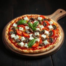 A delectable vegetarian pizza showcasing juicy tomatoes, crunchy capsicum, tender mushrooms, and soft paneer cubes, all blended together with creamy mozzarella cheese to create a rich and velvety topping