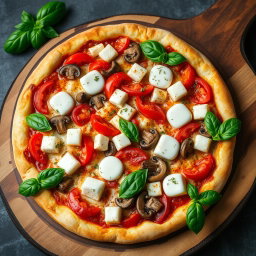 A delectable vegetarian pizza showcasing juicy tomatoes, crunchy capsicum, tender mushrooms, and soft paneer cubes, all blended together with creamy mozzarella cheese to create a rich and velvety topping