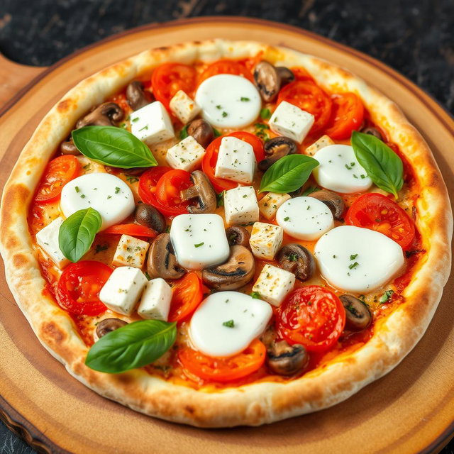 A delectable vegetarian pizza showcasing juicy tomatoes, crunchy capsicum, tender mushrooms, and soft paneer cubes, all blended together with creamy mozzarella cheese to create a rich and velvety topping