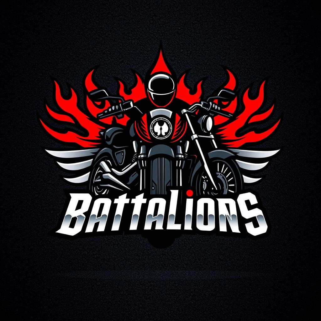 A striking logo design for a motorcycle battalion, featuring a fierce motorcycle silhouette in the center, surrounded by bold, stylized lettering that reads 'Battalions'