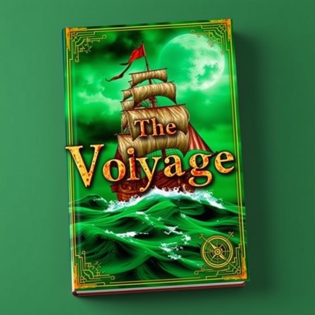 A striking pirate-themed book cover with a lush green background, featuring a dramatic scene of a pirate ship sailing on emerald waves
