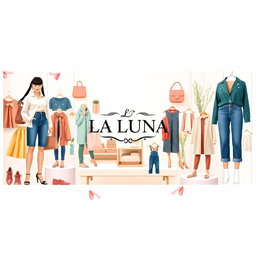 An eye-catching Facebook cover photo for 'La LUNA', a fashionable store featuring women's and children's clothing as well as shoes