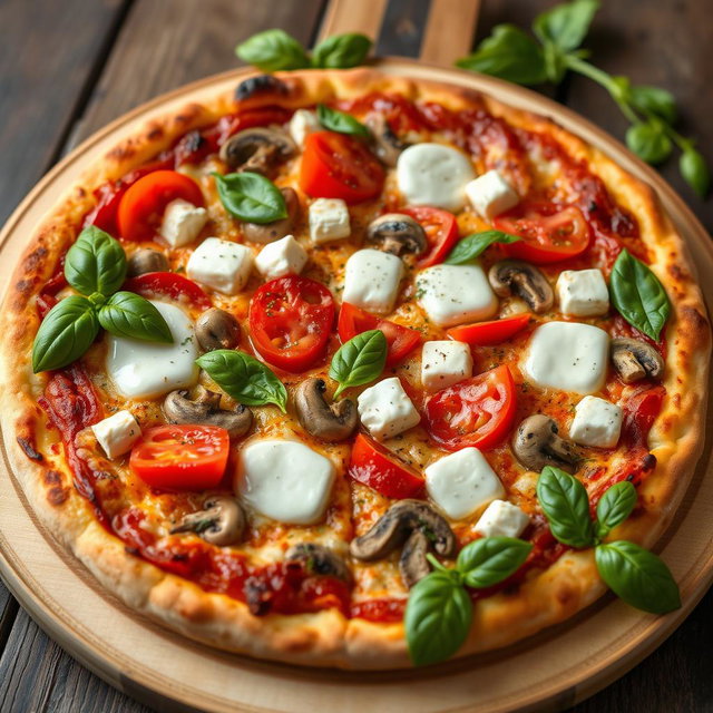 A delicious vegetarian pizza featuring juicy capsicum and tomatoes, along with tender mushrooms and soft paneer cubes, all blended together with creamy mozzarella cheese for a rich and velvety texture
