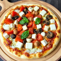 A delicious vegetarian pizza featuring juicy capsicum and tomatoes, along with tender mushrooms and soft paneer cubes, all blended together with creamy mozzarella cheese for a rich and velvety texture
