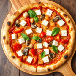 A delicious vegetarian pizza featuring juicy capsicum and tomatoes, along with tender mushrooms and soft paneer cubes, all blended together with creamy mozzarella cheese for a rich and velvety texture