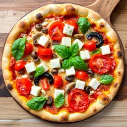A delicious vegetarian pizza featuring juicy capsicum and tomatoes, along with tender mushrooms and soft paneer cubes, all blended together with creamy mozzarella cheese for a rich and velvety texture