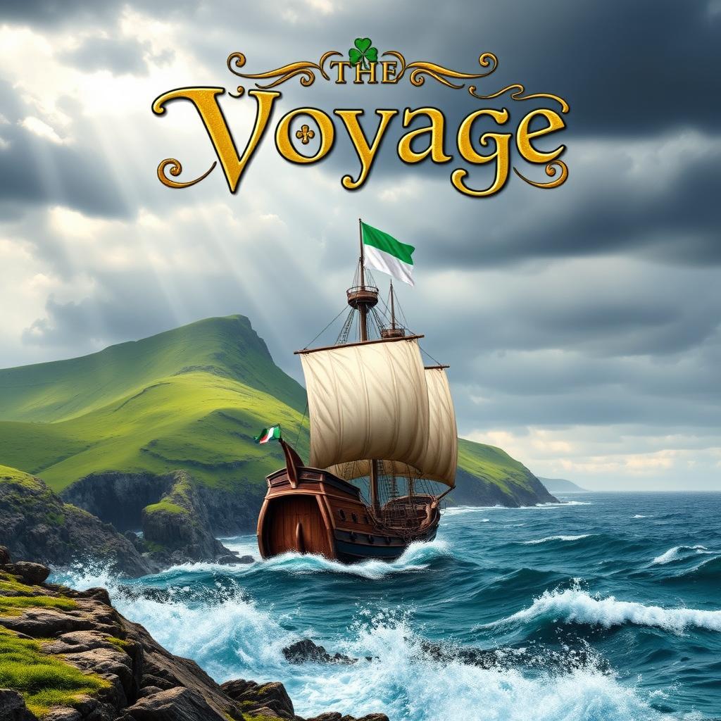 An eye-catching Irish pirate-themed book cover featuring a rugged coastline with lush green hills and crashing waves