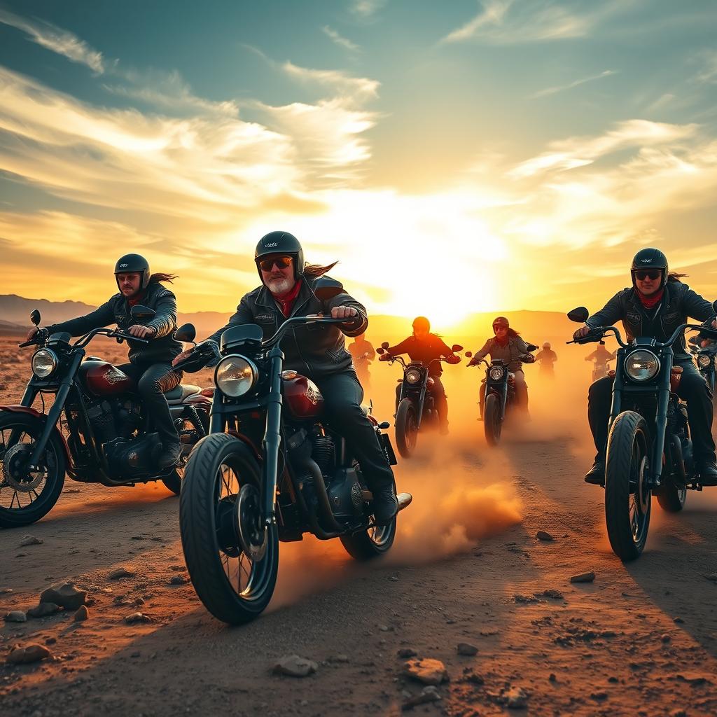 A dynamic scene showcasing a group of biker battalions in an expansive desert landscape