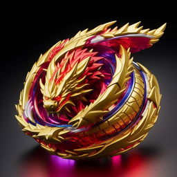 The L-Drago Beyblade, known for its aggressive left-spin and dragon motif, spectacularly spinning in a bright, futuristic Beyblade arena. The Beyblade emits a vibrant aura of red and gold, symbolizing its dominant energy.