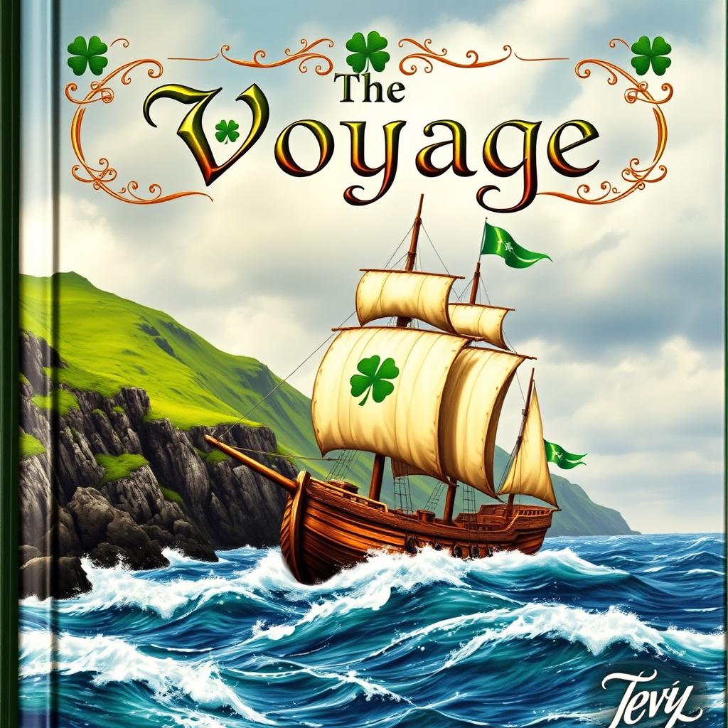 An adventurous Irish pirate-themed book cover featuring a rugged coastline with vibrant green hills and crashing waves beneath a dramatic sky