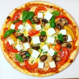 A delicious, freshly baked pizza topped with vibrant capsicum, juicy tomatoes, tender mushrooms, and generous cubes of creamy paneer, all layered beneath a thick, melted blanket of mozzarella cheese for a rich, gooey texture