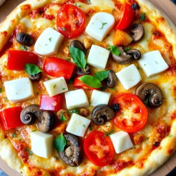 A delicious, freshly baked pizza topped with vibrant capsicum, juicy tomatoes, tender mushrooms, and generous cubes of creamy paneer, all layered beneath a thick, melted blanket of mozzarella cheese for a rich, gooey texture