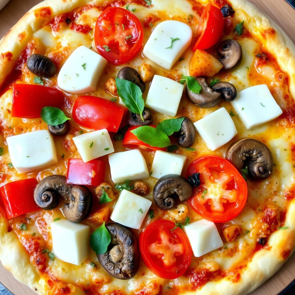 A delicious, freshly baked pizza topped with vibrant capsicum, juicy tomatoes, tender mushrooms, and generous cubes of creamy paneer, all layered beneath a thick, melted blanket of mozzarella cheese for a rich, gooey texture