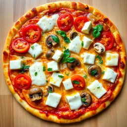 A delicious, freshly baked pizza topped with vibrant capsicum, juicy tomatoes, tender mushrooms, and generous cubes of creamy paneer, all layered beneath a thick, melted blanket of mozzarella cheese for a rich, gooey texture
