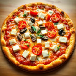 A delicious, freshly baked pizza topped with vibrant capsicum, juicy tomatoes, tender mushrooms, and generous cubes of creamy paneer, all layered beneath a thick, melted blanket of mozzarella cheese for a rich, gooey texture