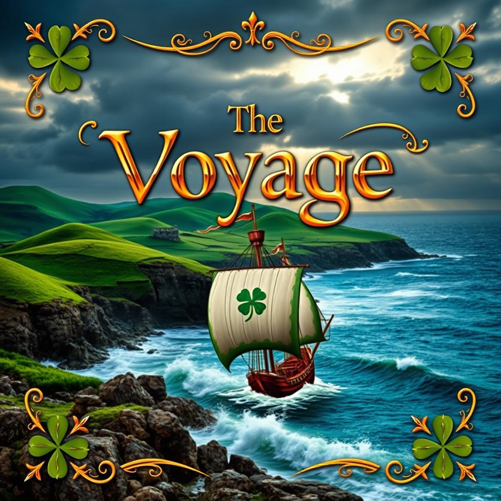 An engaging Irish pirate-themed book cover featuring a scenic coastline with rolling green hills and a rugged shoreline