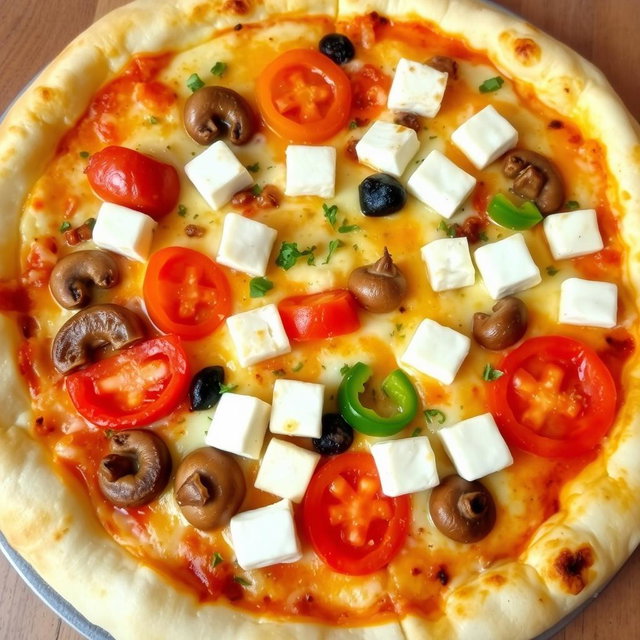 A delicious, freshly baked pizza topped with vibrant capsicum, tender mushrooms, juicy tomatoes, and generous cubes of creamy paneer, all layered beneath a thick, melted blanket of mozzarella cheese for a rich, gooey texture