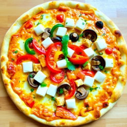 A delicious, freshly baked pizza topped with vibrant capsicum, tender mushrooms, juicy tomatoes, and generous cubes of creamy paneer, all layered beneath a thick, melted blanket of mozzarella cheese for a rich, gooey texture